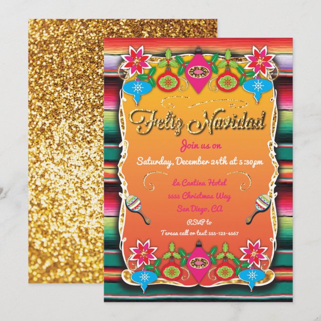 Mexican Fiesta Feliz Navidad Party Gold Glitzer Einladung (Vorne/Hinten)