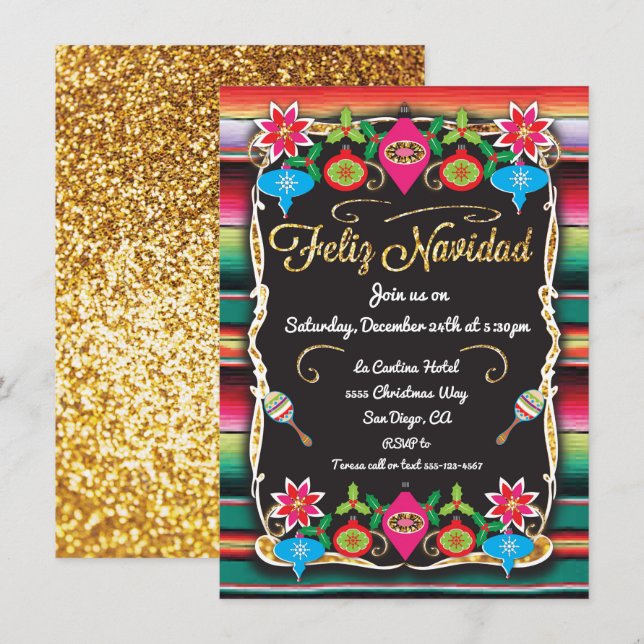 Mexican Fiesta Feliz Navidad Party Gold Glitzer Einladung (Vorne/Hinten)