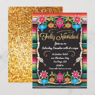 Mexican Fiesta Feliz Navidad Party Gold Glitzer Einladung