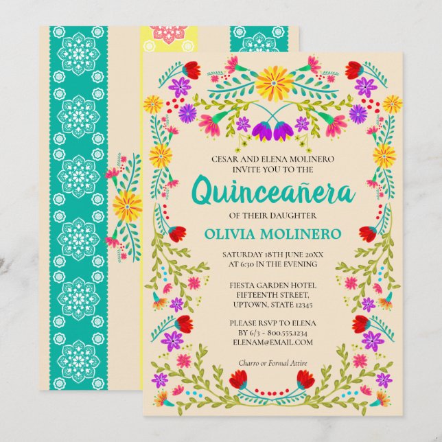 Mexican Fiesta Floral Champagne Quinceanera Einladung (Vorne/Hinten)
