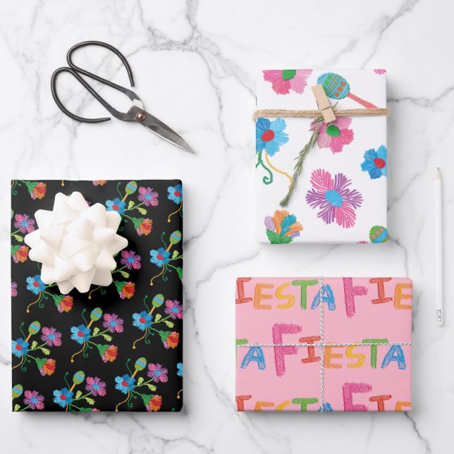 Mexican Fiesta Floral Embroidery Party Maracas Geschenkpapier Set (Vorderseite)