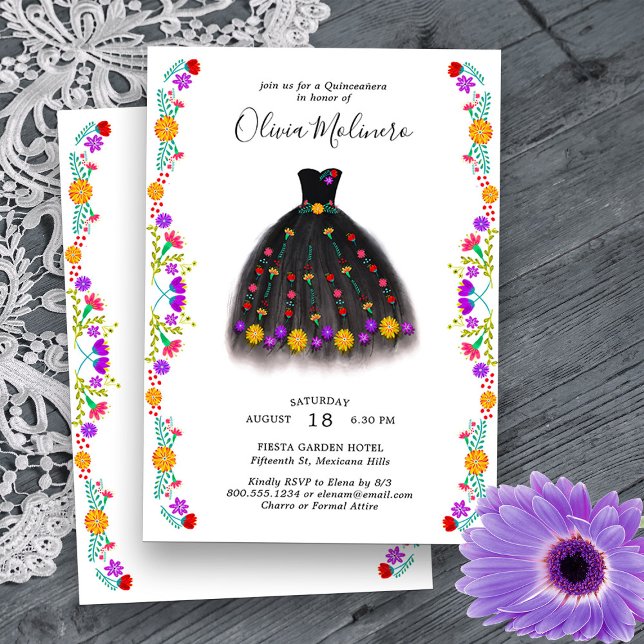 Mexican Fiesta Floral Princess Dress Quinceanera Einladung (Quinceanera Invitation from my Mexican Fiesta Flowers Quinceanera Collection -printed or digital
)