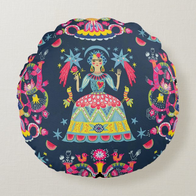 Mexican Fiesta Frida Rundes Kissen (Vorderseite)