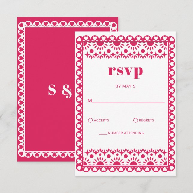 Mexican Fiesta Pink Papel Picado Boho Wedding RSVP Karte (Vorne/Hinten)