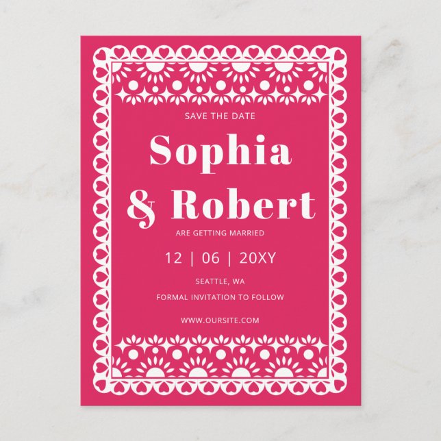 Mexican Fiesta Pink Papel Picado Save the Date Ankündigungspostkarte (Vorderseite)