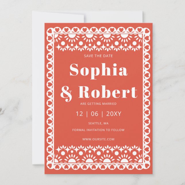 Mexican Fiesta Red Papel Picado Boho Wedding Save The Date (Vorderseite)