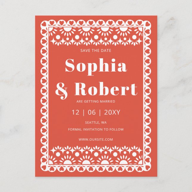 Mexican Fiesta Red Papel Picado Save the Date Ankündigungspostkarte (Vorderseite)