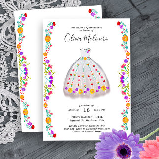 Mexican Fiesta White Floral Charro Quinceanera Einladung