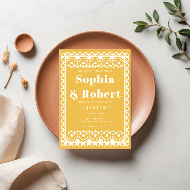 Mexican Fiesta Yellow Papel Picado Boho Wedding Einladung (Mexican Fiesta Yellow Papel Picado Boho Wedding Invitation)