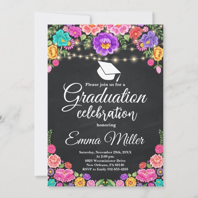 Mexican Floral Chalkboard Graduation Party Einladung (Vorderseite)