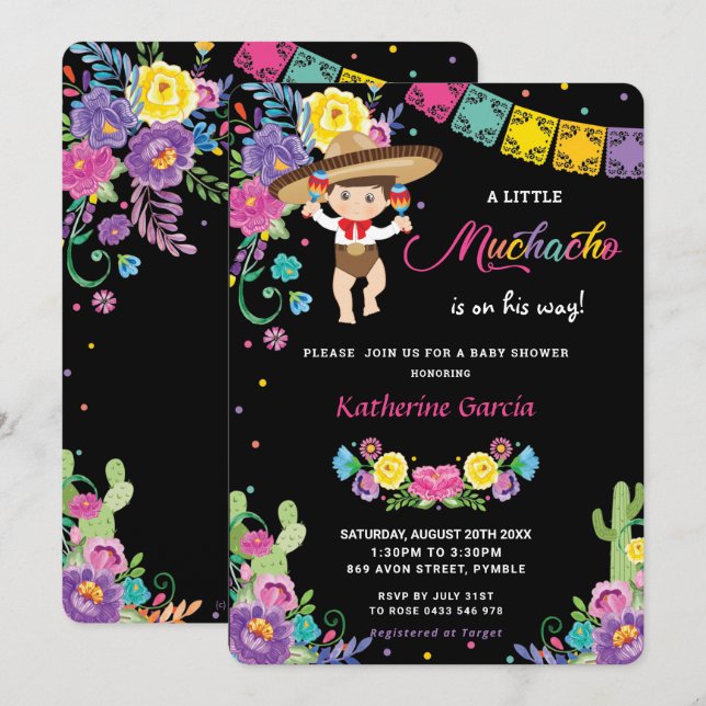 Mexican Floral Little Muchacho Boy Baby Dusche  Einladung (Vorne/Hinten)