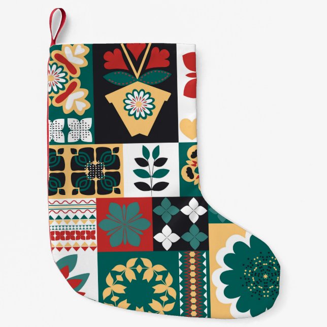 Mexican Geometric: Rot grünes Ornament. Kleiner Weihnachtsstrumpf (Vorderseite)