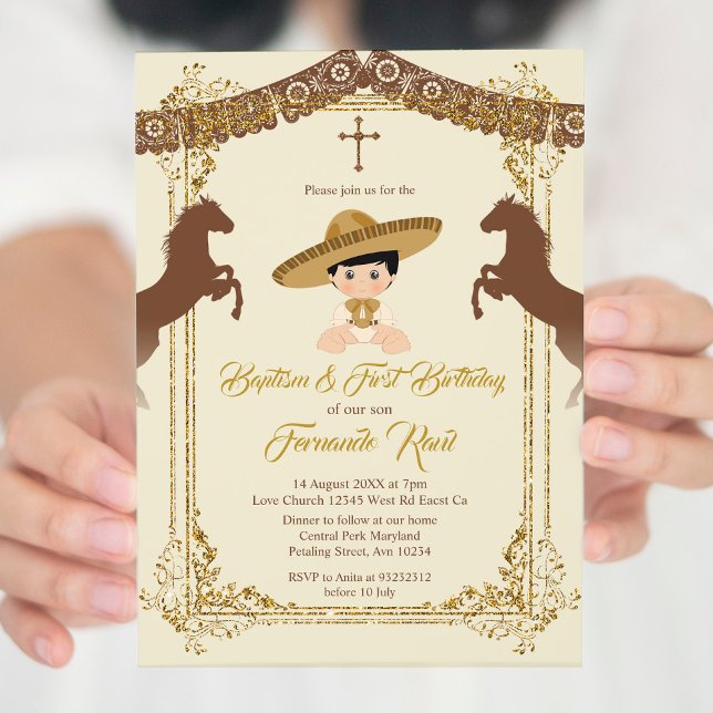 Mexican Gold Brown Fiesta Boy Taufe Christening Einladung (Von Creator hochgeladen)