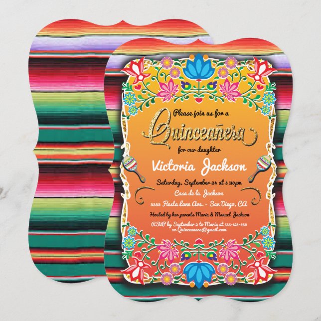 Mexican Gold Fiesta Quinceañera Invisions Einladung (Vorne/Hinten)