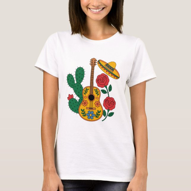 Mexican Guitar Sombrero and Cactus Fiesta Design T-Shirt (Vorderseite)