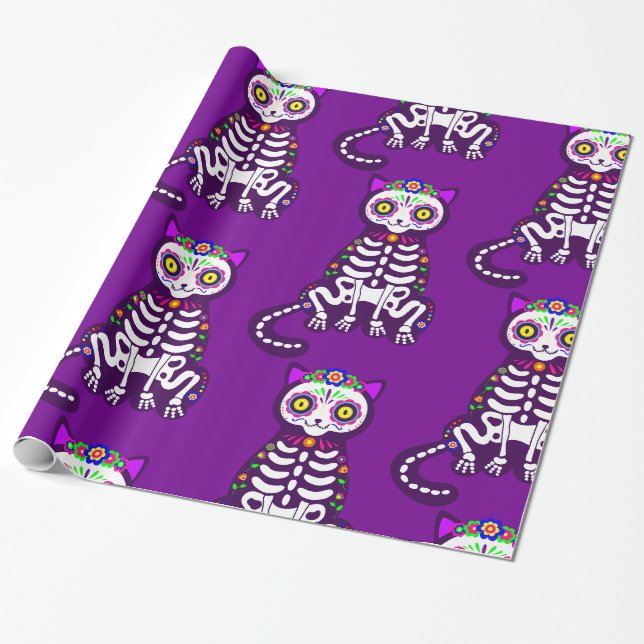 Mexican Halloween Cat Skelett Folklore Geschenkpapier (Ungerollt)