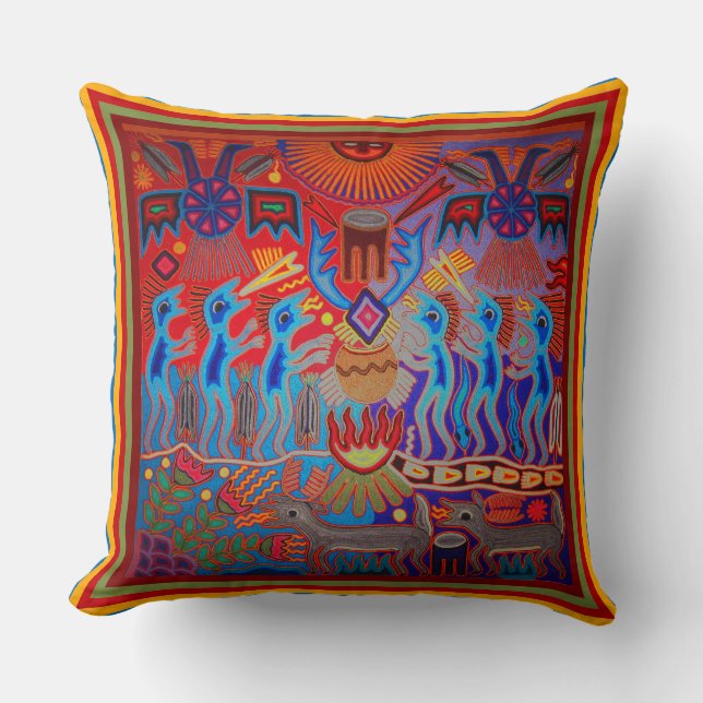 Mexican Huicol Yarn Painting Throw Kissen (Vorderseite)