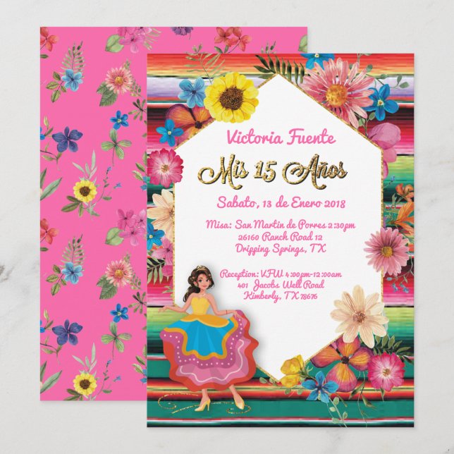 Mexican Mis 15 Anos Party Gold Glitzer Einladung (Vorne/Hinten)