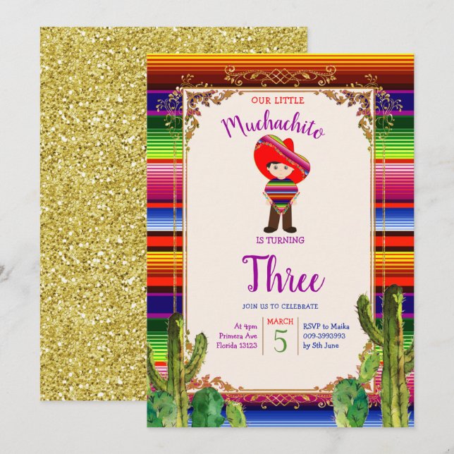 Mexican Muchachito Cactus Birthday Einladung (Vorne/Hinten)