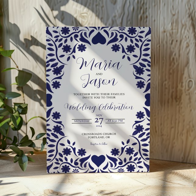Mexican Navy Blue Floral Elegant Romantic Wedding Einladung (Mexican Navy Blue Floral Elegant Romantic Wedding Invitation)