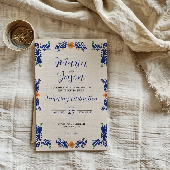 Mexican Navy Blue Minimalist Floral Classy Wedding Einladung (Mexican Navy Blue Minimalist Floral Classy Wedding Invitation)