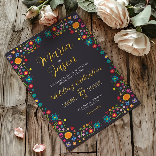 Mexican Navy Floral Aesthetic Folk Art Wedding Einladung (Mexican Navy Floral Aesthetic Folk Art Wedding Invitation)