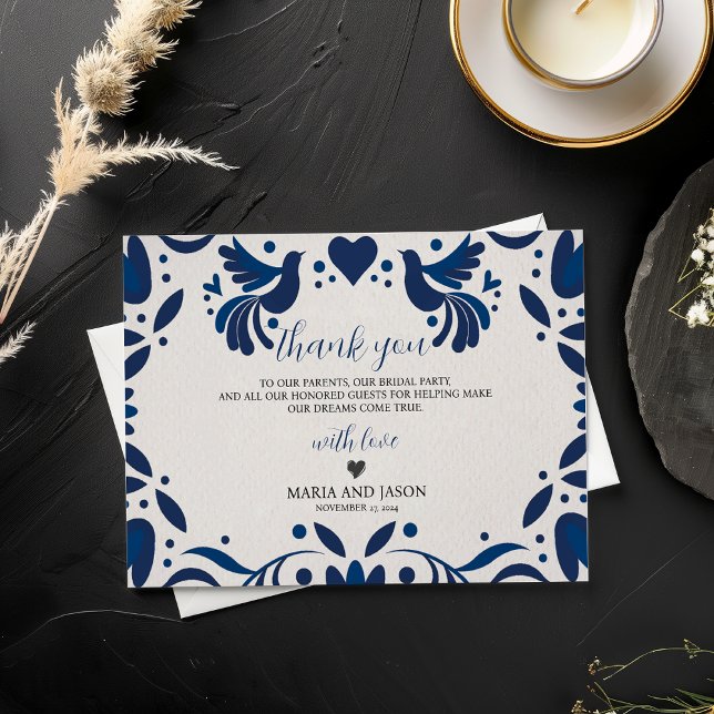 Mexican Otomi Blue Floral Elegante Fiesta Wedding Dankeskarte (Mexican Otomi Blue Floral Elegant Fiesta Wedding Thank You Card)