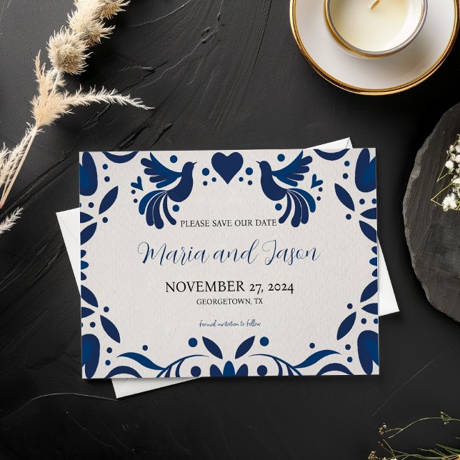Mexican Otomi Blue Floral Elegante Fiesta Wedding Save The Date (Mexican Otomi Blue Floral Elegant Fiesta Wedding Save The Date)