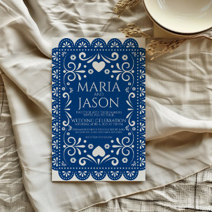 Mexican Papel Picado Blue White Folk Art Wedding Einladung