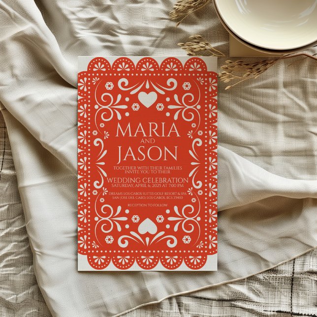 Mexican Papel Picado Orange White Folk Art Wedding Einladung (Mexican Papel Picado Orange White Folk Art Wedding Invitation)