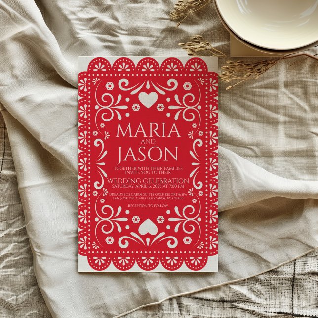 Mexican Papel Picado Red White Folk Art Wedding Einladung (Mexican Papel Picado Red White Folk Art Wedding Invitation)