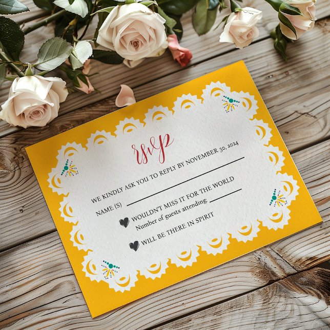 Mexican Papel Picado Yellow Nuestra Boda Wedding RSVP Karte (Mexican Papel Picado Yellow Nuestra Boda Wedding RSVP Card)