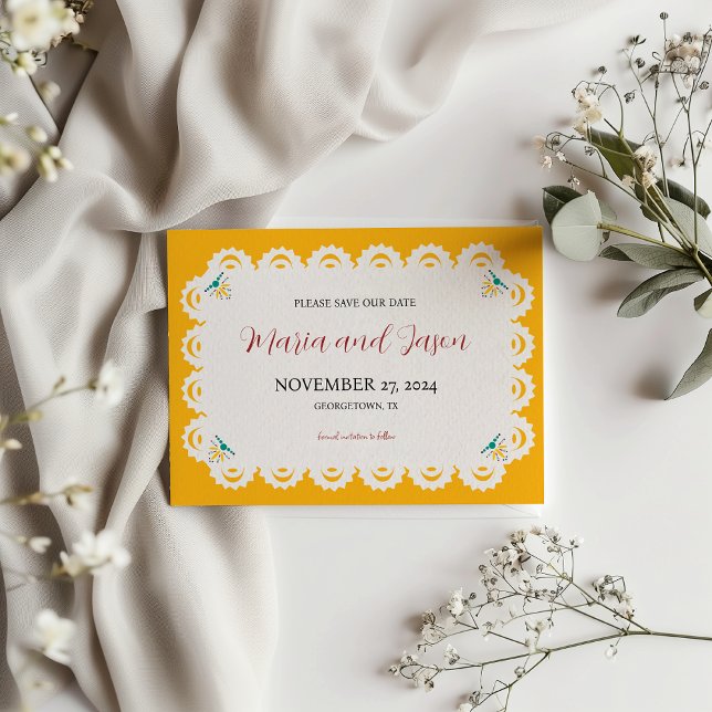Mexican Papel Picado Yellow Nuestra Boda Wedding Save The Date (Mexican Papel Picado Yellow Nuestra Boda Wedding Save The Date)