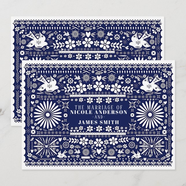 Mexican Picado Blue White Paper Hochzeit Einladung (Vorne/Hinten)