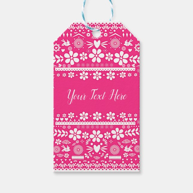 Mexican Picado Hot Pink White Wedding Geschenkanhänger (Vorderseite)