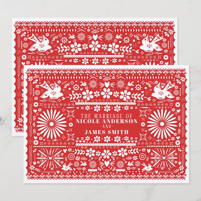 Mexican Picado Red & White Paper Wedriage Einladung (Vorne/Hinten)