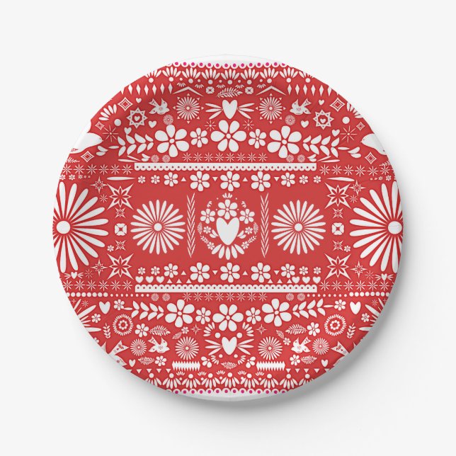 Mexican Picado Red & White Paper Wedriage Pappteller (Vorderseite)
