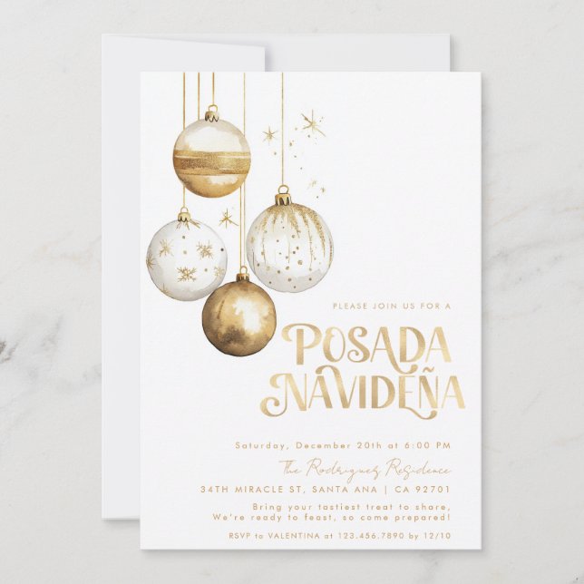 Mexican Posada Navideña Gold Weiße Ornamente Einladung (Vorderseite)