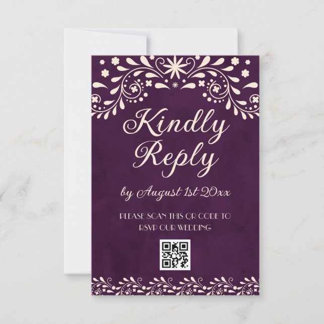 Mexican Purple Talavera Wedding QR code RSVP Karte (Vorderseite)