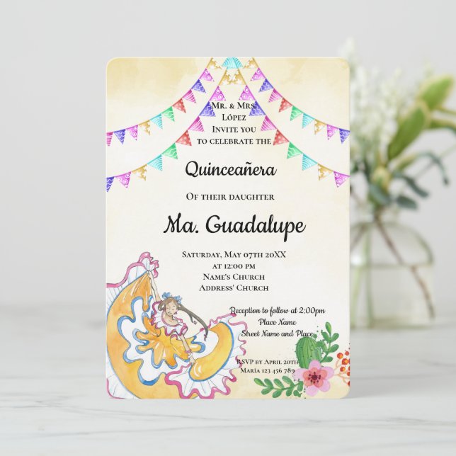 Mexican Quinceañera 15 anos Einladung zum Geburtst (Stehend Vorderseite)