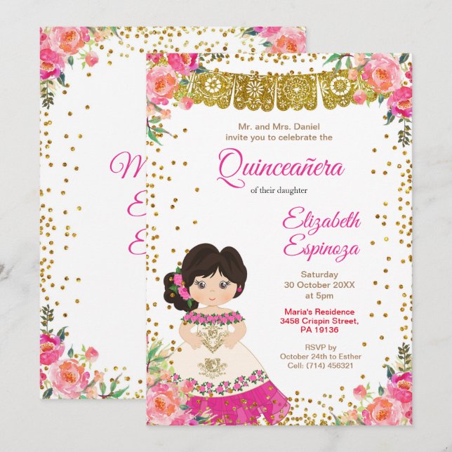 Mexican Quinceanera Mis Quince Einladung (Vorne/Hinten)