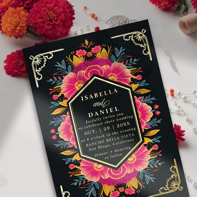 Mexican Rancho Bold Rustic Blume Gold Wedding Folieneinladung (rancho mexican wedding invitation fiesta hacienda watercolor floral frame elegant modern chic gold )