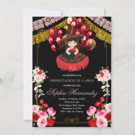 Mexican Red & Gold Girl Charra Balloon Mis Quince Einladung