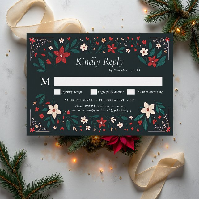 Mexican Rustic Elegant Christmas Red Wedding RSVP Karte (mexican wedding rsvp reply christmas theme floral botanical frame poinsettias red white black)