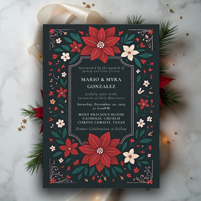 Mexican Rustic Elegant Floral Christmas Wedding Einladung (mexican wedding invitation christmas theme floral botanical frame poinsettias red white black)