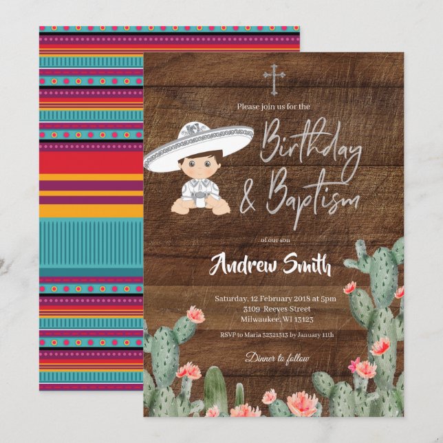 Mexican Silver Charro Birthday und Baptism Boy Einladung (Vorne/Hinten)