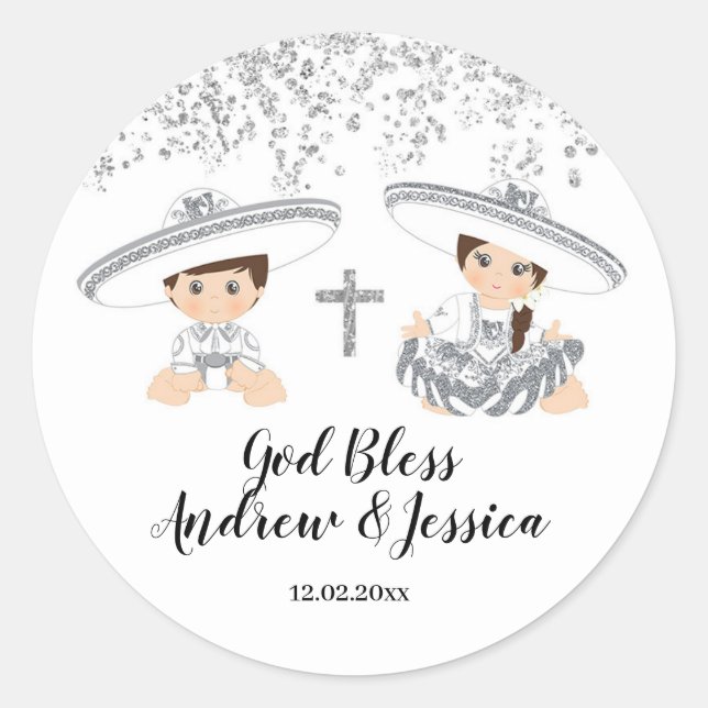 Mexican Silver Charro Boy and Girl Taufsticker Runder Aufkleber (Vorderseite)