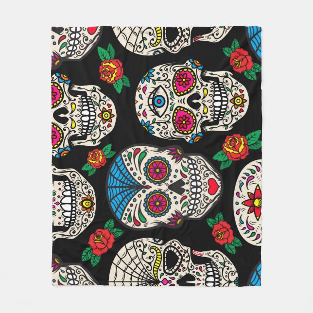 Mexican Skulls & Rose: Vintages Design Fleecedecke (Vorderseite)