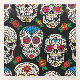 Mexican Skulls & Rose: Vintages Design Glasuntersetzer