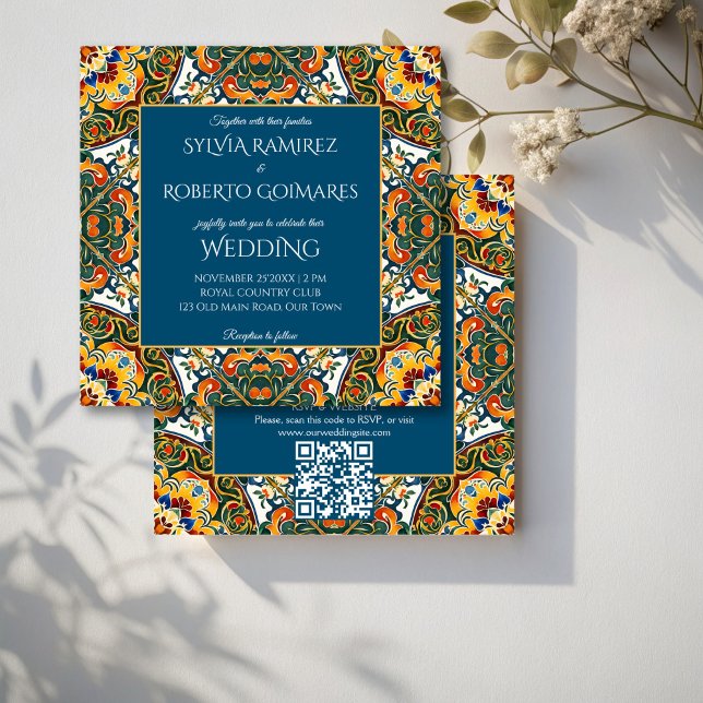 Mexican Talavera aquamarine Hochzeit mit UAWG Einladung (Mexican Talavera teal colorful ornate elegant wedding invitations with RSVP editable template)